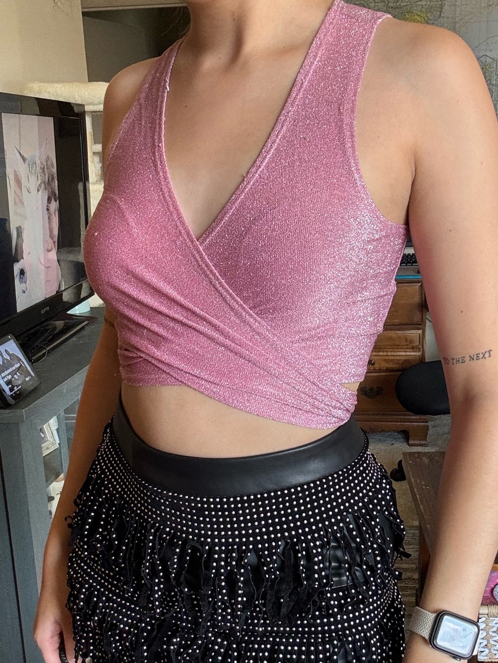 Women's Pink Shimmer Wrap Crop Top
